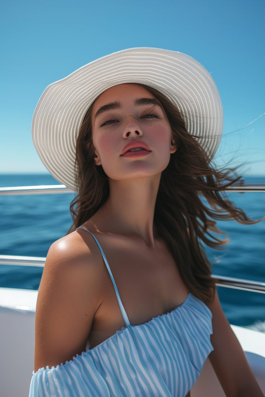 A young woman with sun-kissed skin, wearing a white Panama hat, a blue and white striped sundress, standing on a yacht with the clear blue sky and sea in the background, midday.