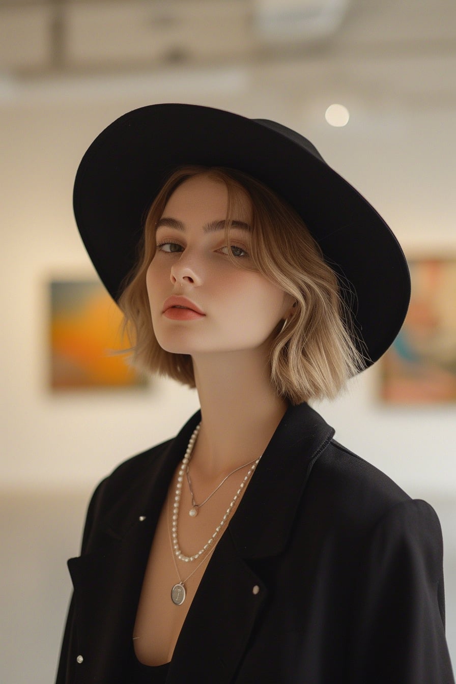 A young woman with short blonde hair, wearing a sleek black cloche hat, a fitted blazer, and a pearl necklace, standing in a minimalist art gallery, soft indoor lighting.