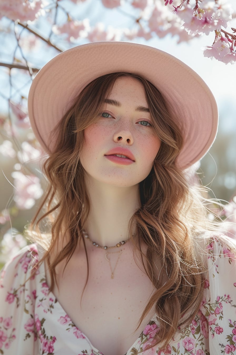  A young woman with light brown hair, wearing a pastel pink cotton hat and a floral dress, standing in a blooming cherry blossom park, midday with soft sunlight.