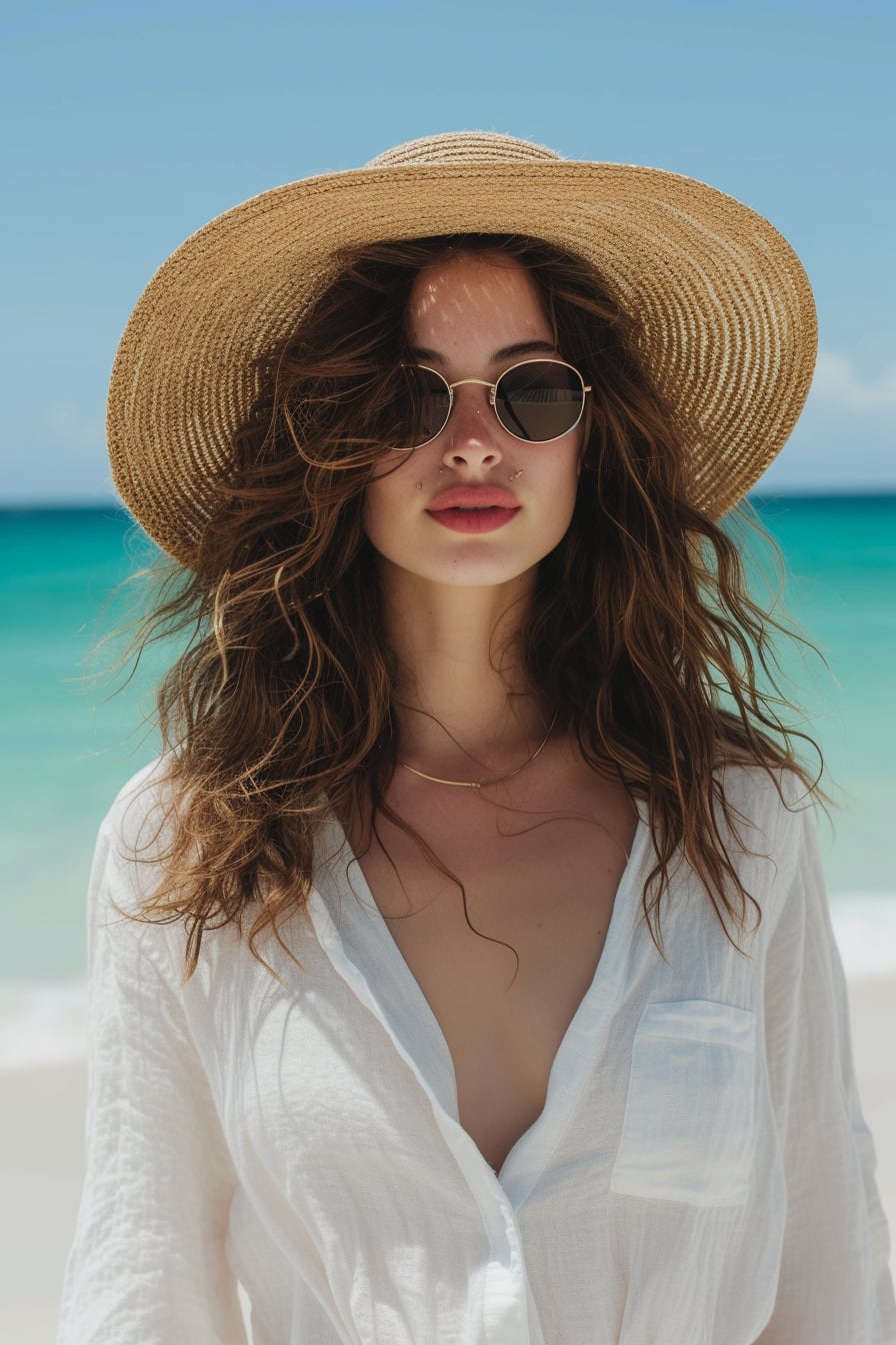  A young woman with wavy brunette hair, wearing a classic wide-brimmed straw hat, a white linen shirt, and sunglasses, standing on a beach with the ocean in the background, bright sunny day.