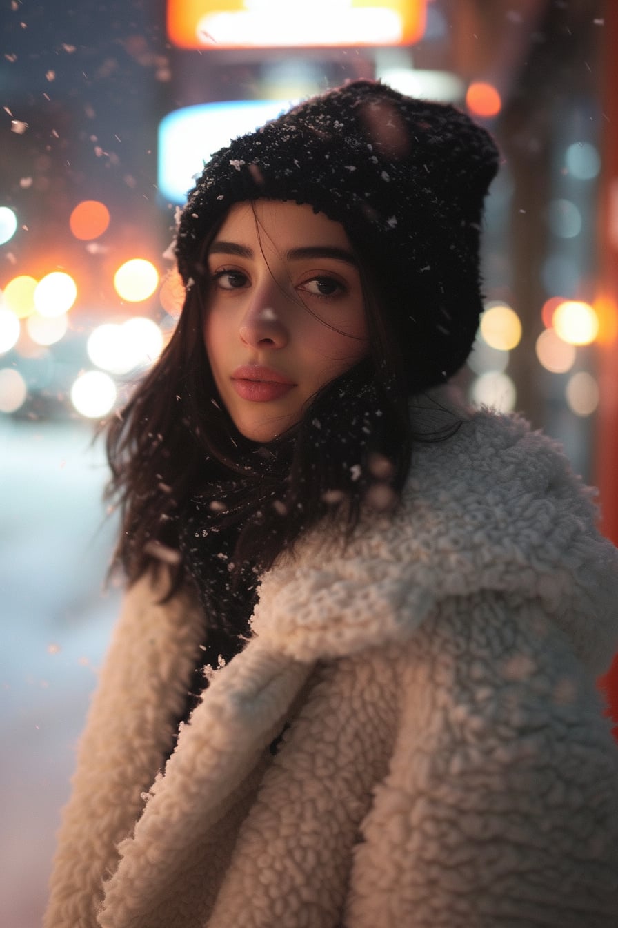 A young woman with dark hair, wearing a black wool beanie, a chunky knit sweater, and a faux fur coat, in a snowy city street, early evening with streetlights glowing.