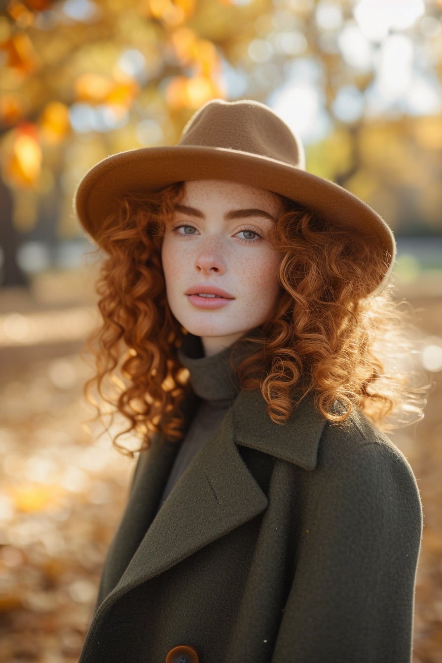 A young woman with curly red hair, wearing a camel-colored wool fedora, an olive green coat, standing in a park with autumn leaves around, late afternoon with golden sunlight.