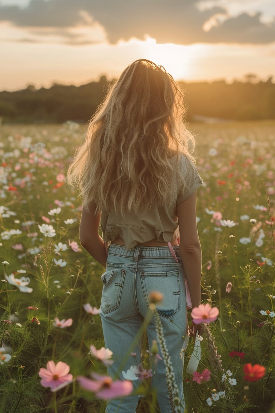 A young woman with wavy blonde hair, wearing distressed jeans, pastel sneakers, and carrying a tote bag, standing in a field of wildflowers, golden hour.