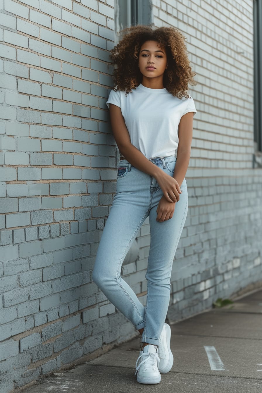  A young woman with curly hair, wearing straight-leg jeans and white high-top sneakers, leaning against a brick wall, soft afternoon light.