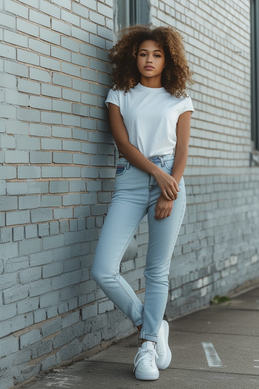 A young woman with curly hair, wearing straight-leg jeans and white high-top sneakers, leaning against a brick wall, soft afternoon light.