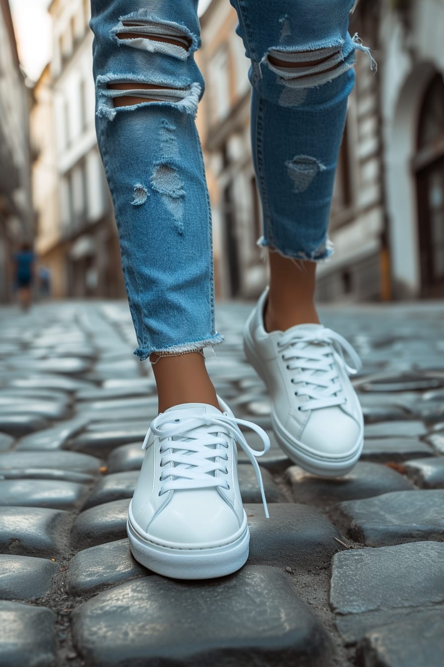 Close-up of a young woman's feet, wearing ripped blue jeans and classic white leather sneakers, standing on a cobblestone street, late afternoon.