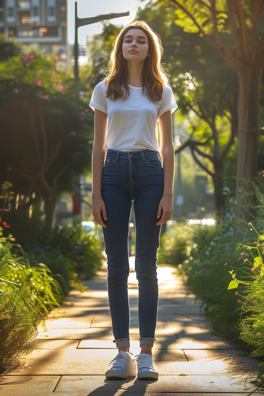  A young woman with light brown hair, wearing dark blue jeans, white sneakers, and a casual white t-shirt, standing in a sunlit urban park, morning.