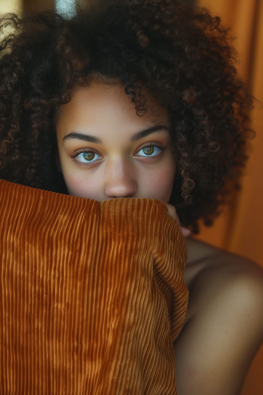  A close-up image of a young woman with curly hair, holding a rust-colored corduroy fabric close to her face, showcasing the texture, soft indoor lighting.