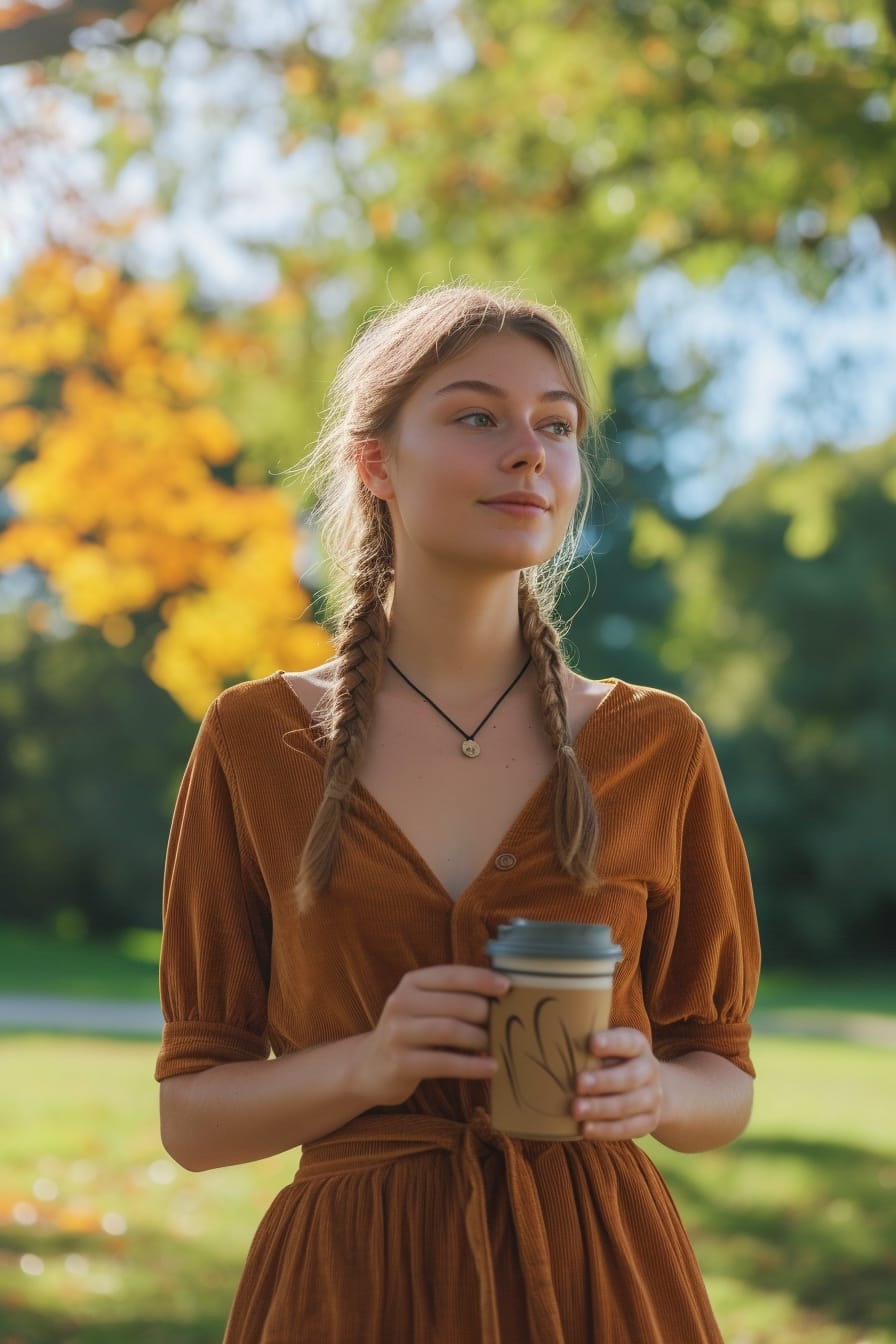  A young woman with braided hair, wearing a caramel corduroy dress, holding a reusable coffee cup, standing in a green park, bright morning.