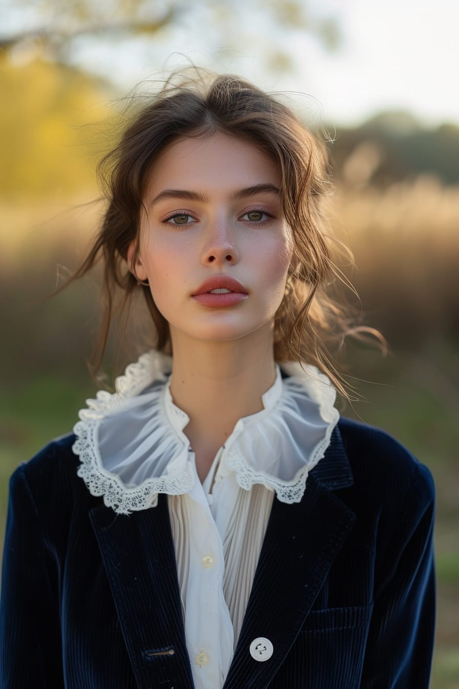  A young woman with sleek hair, wearing a navy blue corduroy blazer paired with a white silk blouse, casual outdoor setting, early evening.