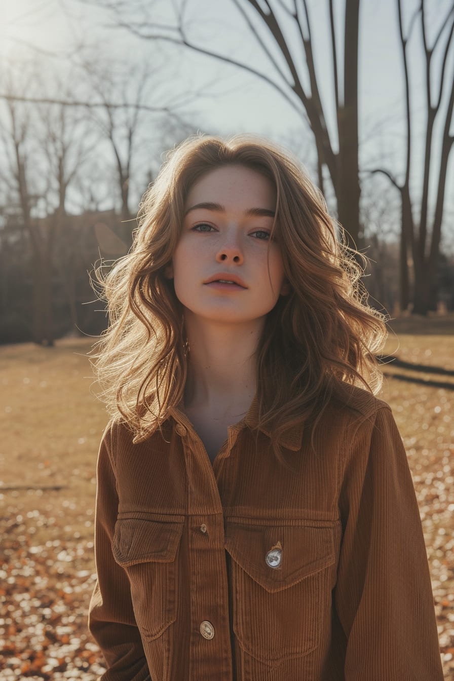  A full-length image of a young woman with wavy hair, wearing a tan corduroy jacket, standing in a sunlit, urban park.