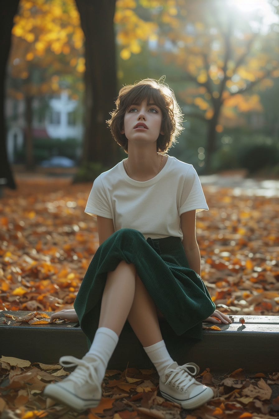  A young woman with short hair, wearing a dark green corduroy skirt, white t-shirt, and sneakers, sitting on a bench, surrounded by autumn leaves, late afternoon.