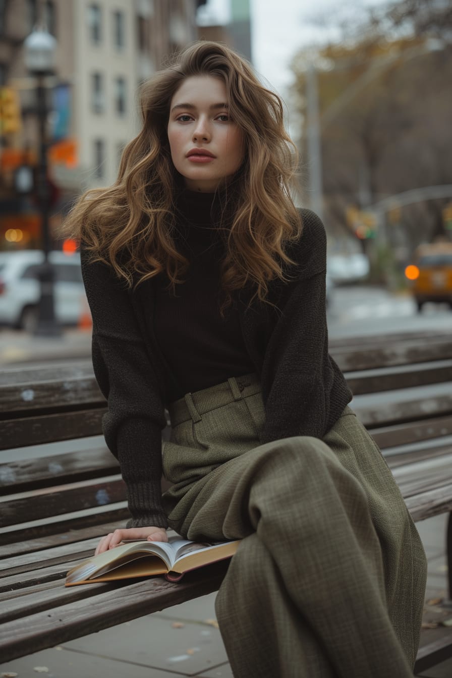  A young woman lounging on a city bench, engrossed in a book, wearing soft, olive-green wide-leg pants, and a fitted black turtleneck, overcast day.