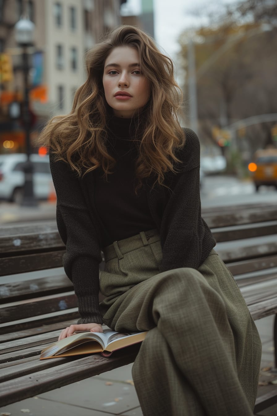 A young woman lounging on a city bench, engrossed in a book, wearing soft, olive-green wide-leg pants, and a fitted black turtleneck, overcast day.
