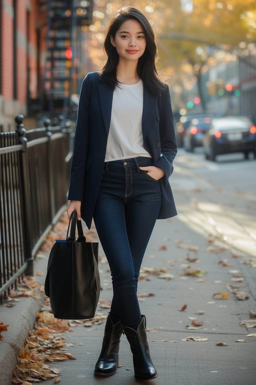  A young woman with sleek black hair, in a tailored navy blue blazer, white t-shirt, dark denim jeans, and black cowboy boots, holding a leather tote, city park background, midday.