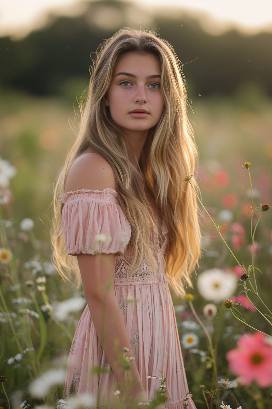  A young woman with long, straight blonde hair, wearing a soft pastel pink maxi dress, light brown cowboy boots, standing in a field of wildflowers, late afternoon, soft sunlight.