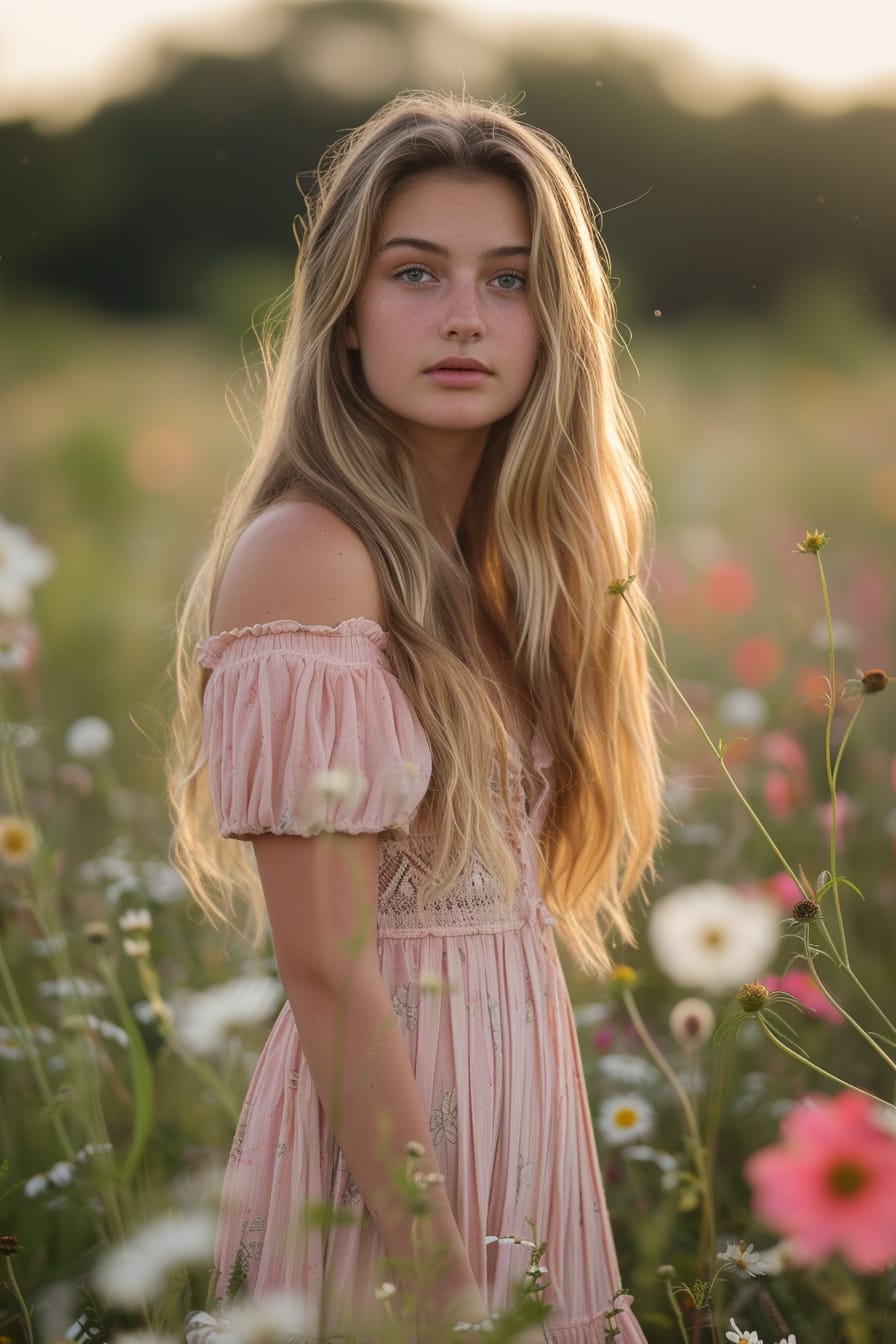 A young woman with long, straight blonde hair, wearing a soft pastel pink maxi dress, light brown cowboy boots, standing in a field of wildflowers, late afternoon, soft sunlight.
