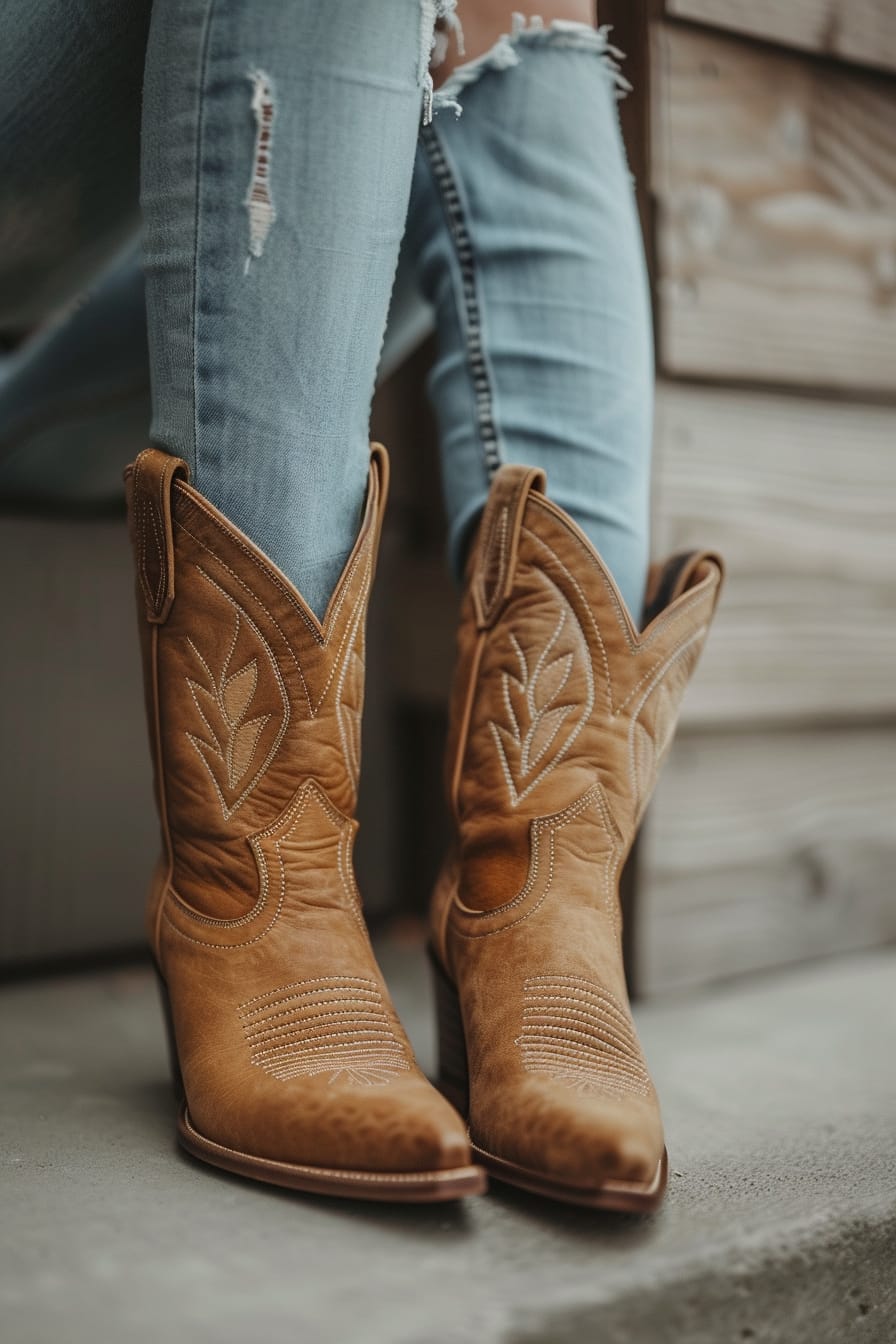  A close-up image of tan leather cowboy boots paired with light blue denim jeans, focus on the intricate stitching of the boots, soft natural light.