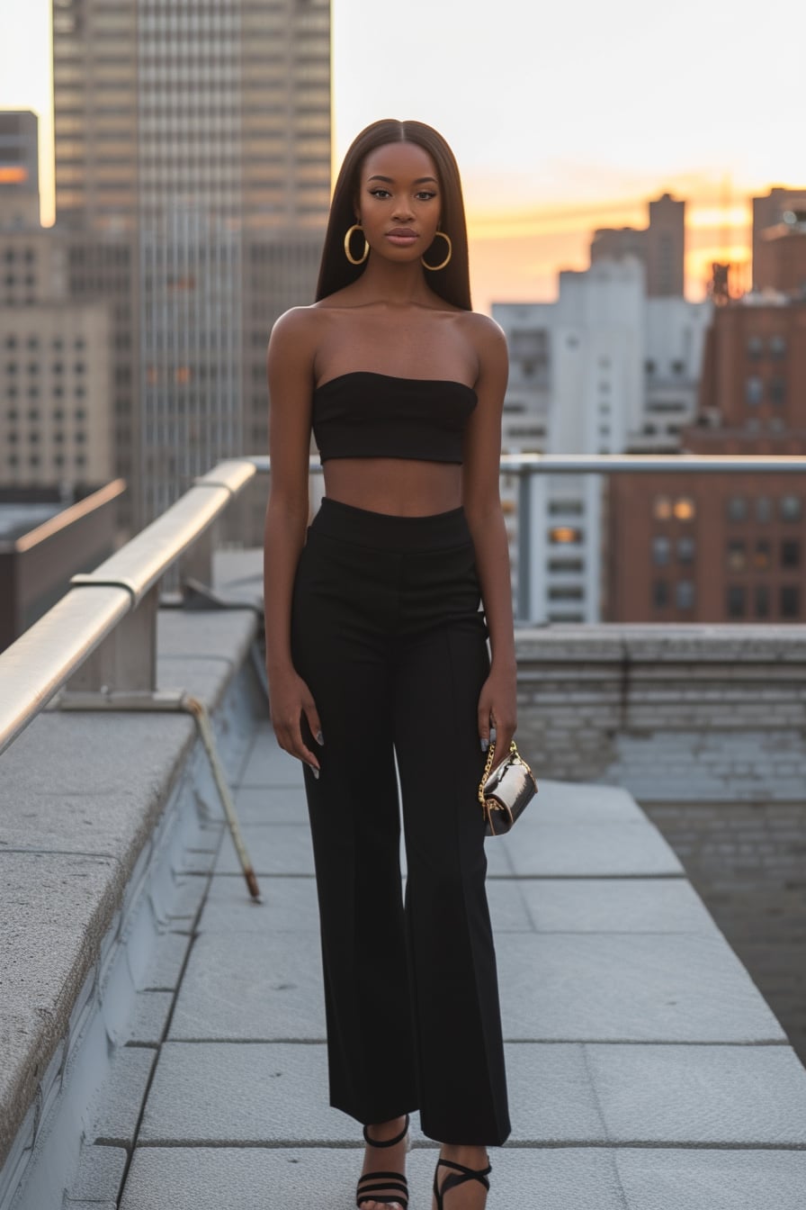 A young woman with sleek straight hair, wearing the same black jumpsuit, accessorized with gold hoop earrings, a clutch, and strappy heels, standing in a chic urban rooftop setting, evening.