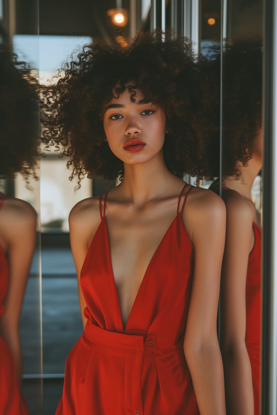 A young woman with curly hair, trying on a bright red sleeveless jumpsuit in a spacious fitting room, reflecting thoughtfully in the mirror, afternoon light.