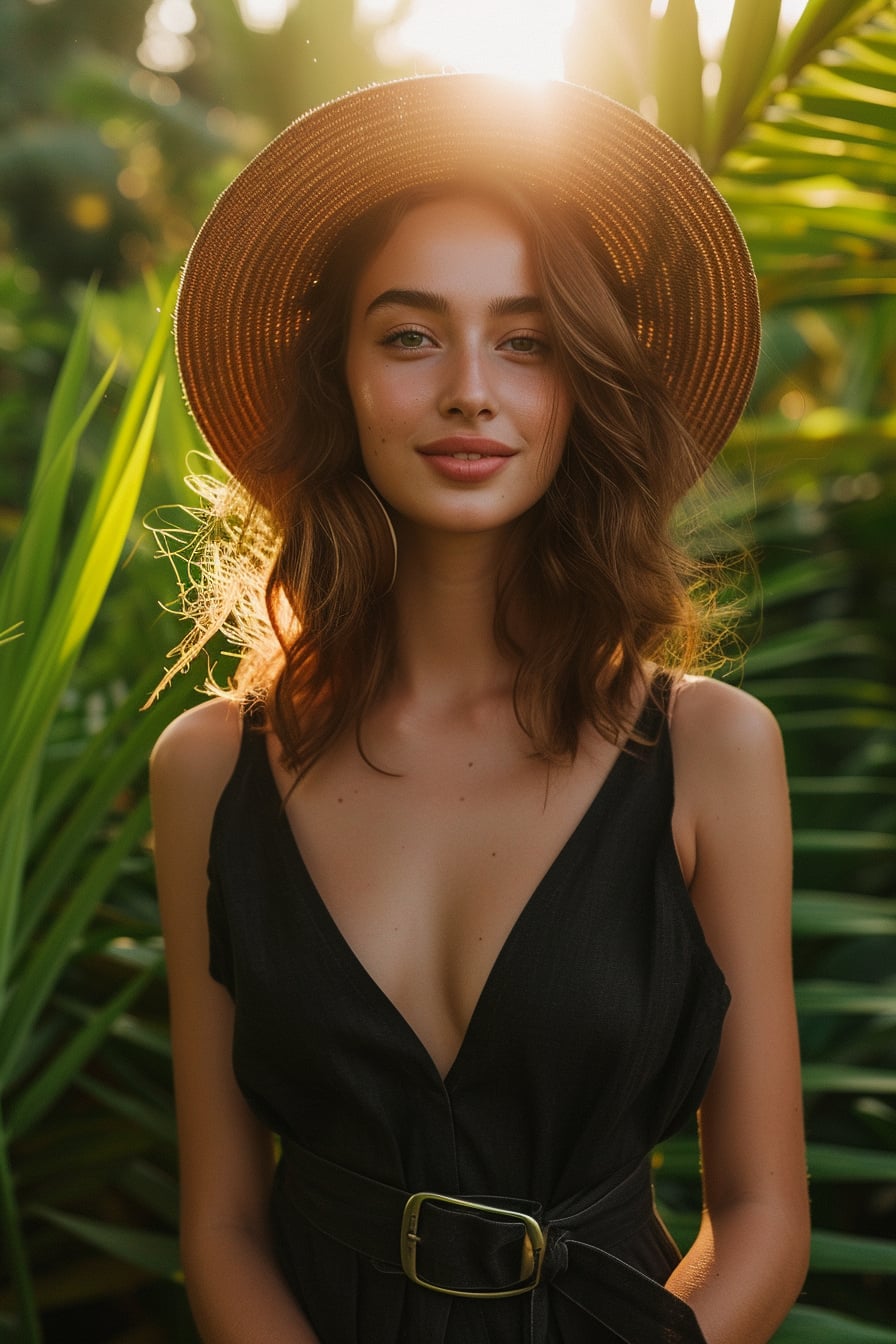 A close-up image of a young woman with a soft smile, wearing a black jumpsuit with a V-neck and a belt, holding a sunhat, against a backdrop of lush greenery, golden hour sunlight.