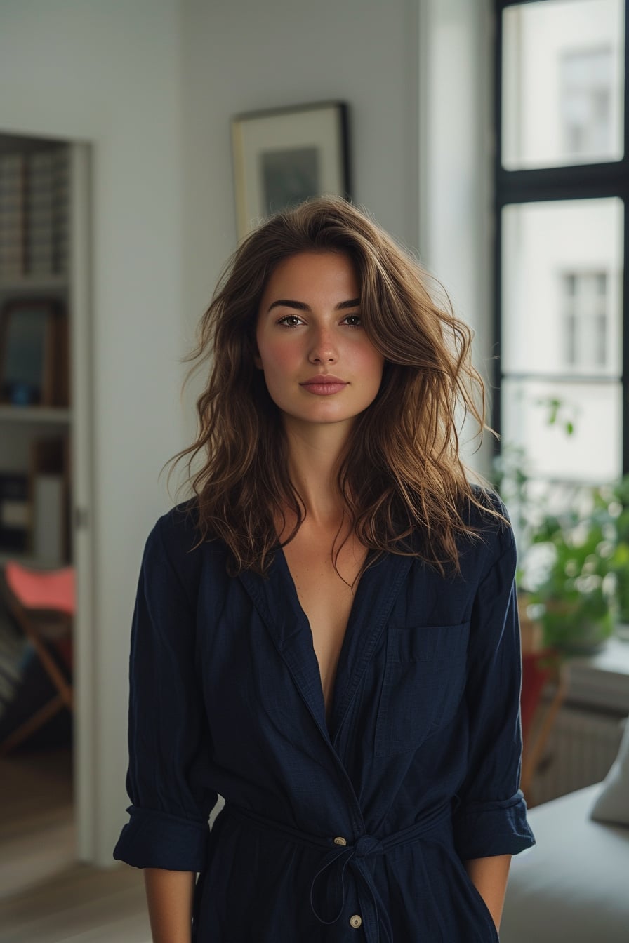  A full-length image of a young woman with wavy brunette hair, wearing a chic navy blue jumpsuit, standing in a minimalist modern living room, natural light pouring in from large windows.