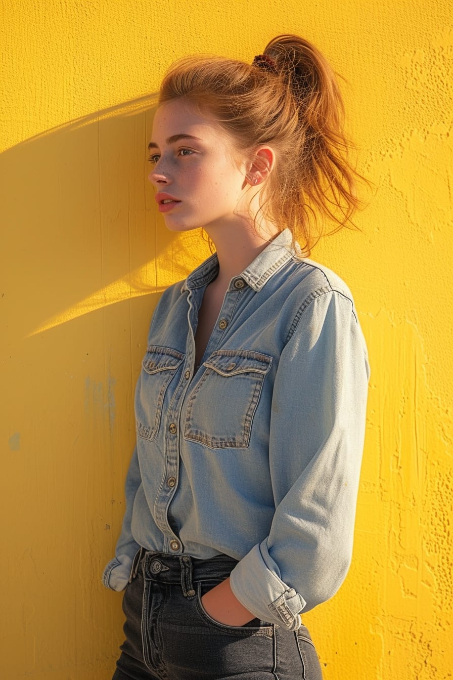  A young woman with a casual ponytail, wearing a light wash denim shirt and dark wash jeans, leaning against a sunny yellow wall, late afternoon.