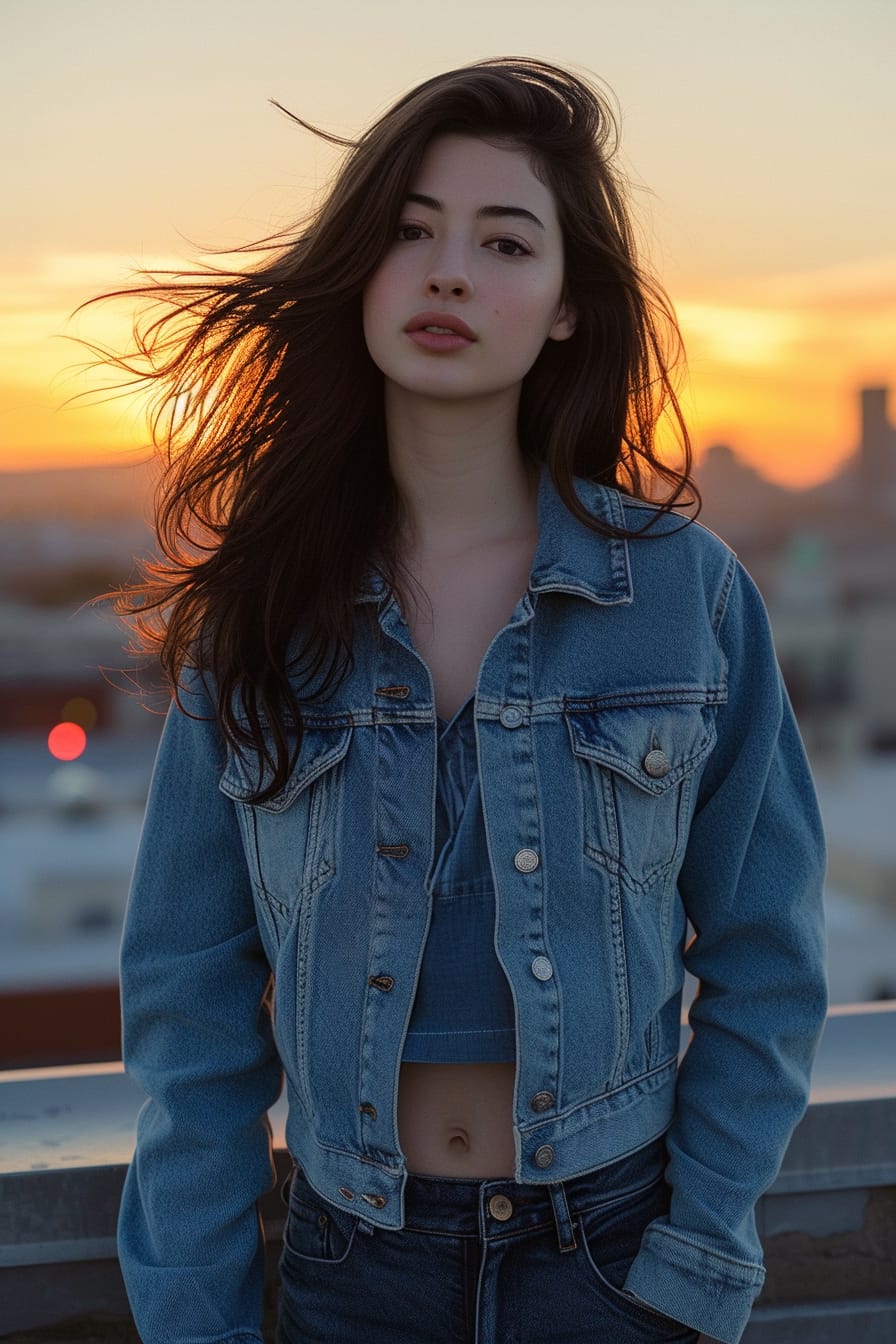  A young woman with flowing hair, wearing a mixed denim jacket (half light, half dark), standing on a city rooftop, sunset.
