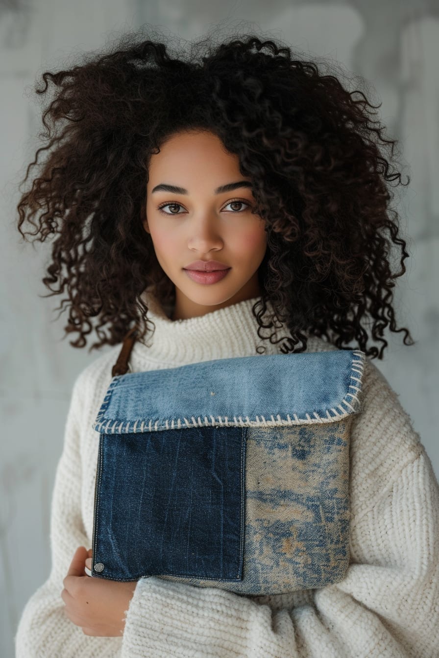  A young woman with curly hair, holding a light denim clutch with dark denim patches, standing in front of a neutral, textured background, natural light.