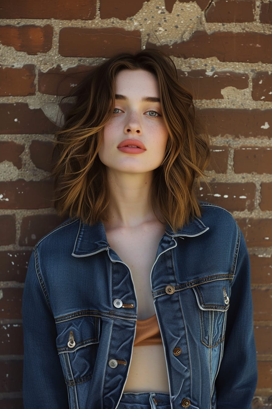  A young woman with wavy hair, wearing a fitted dark denim jacket and a lighter denim skirt, standing against a rustic brick wall, morning light.