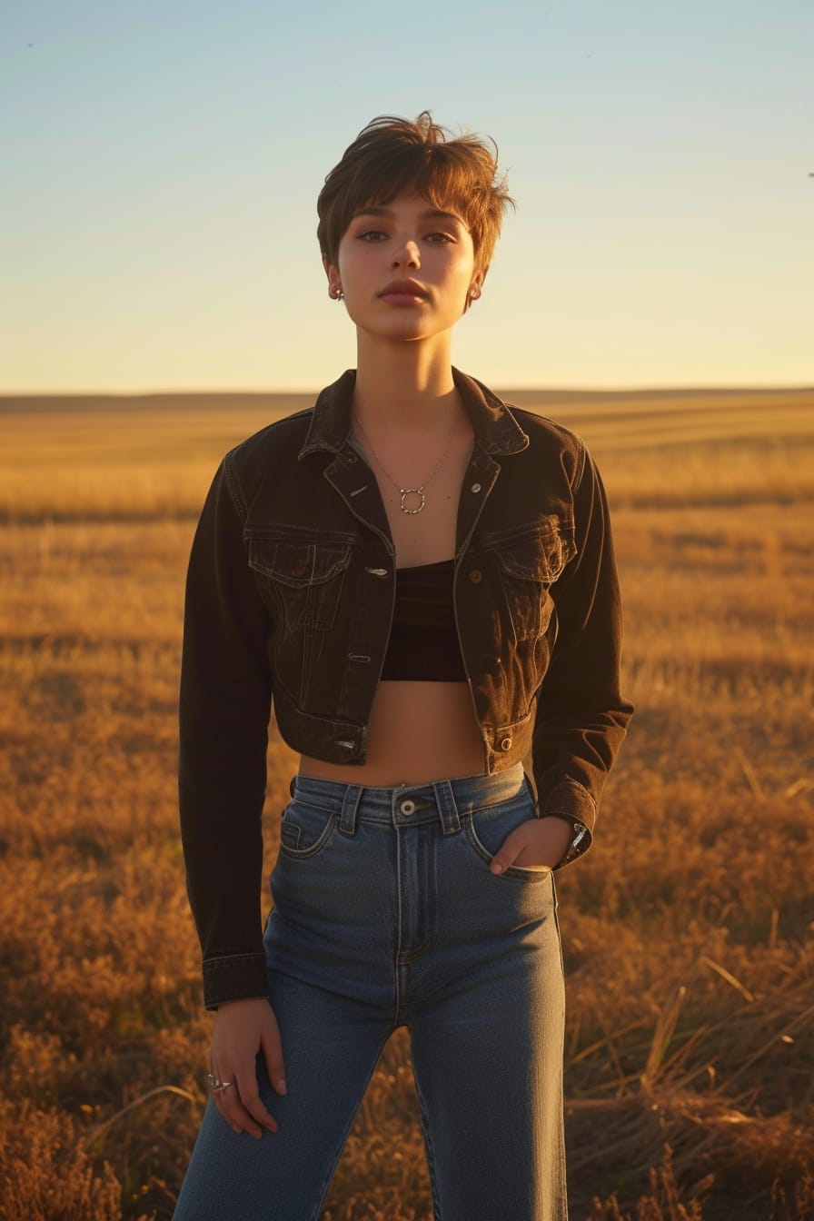  A young woman with short hair, wearing a cropped dark denim jacket and a high-waisted, flared light denim jeans, standing in an open field, golden hour.