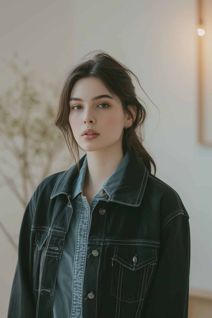  A young woman with sleek hair, wearing a black denim jacket over a soft blue denim dress, standing in a minimalist, modern room, soft lighting.