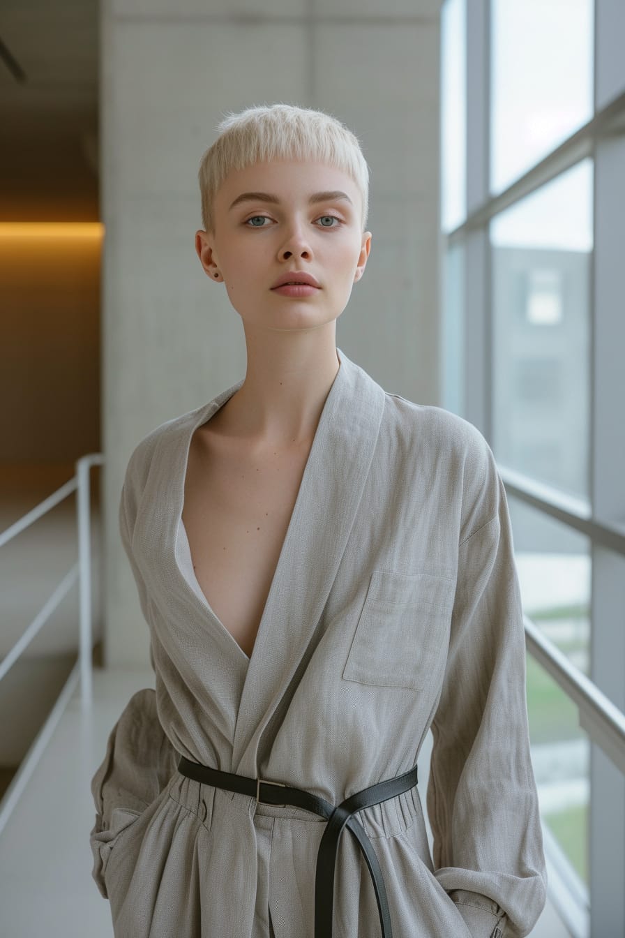 A full-length image of a young woman with short blonde hair, wearing a minimalist gray jumpsuit, cinched at the waist with a wide black and silver statement belt, standing in a minimalist, modern interior, natural light filtering through large windows.