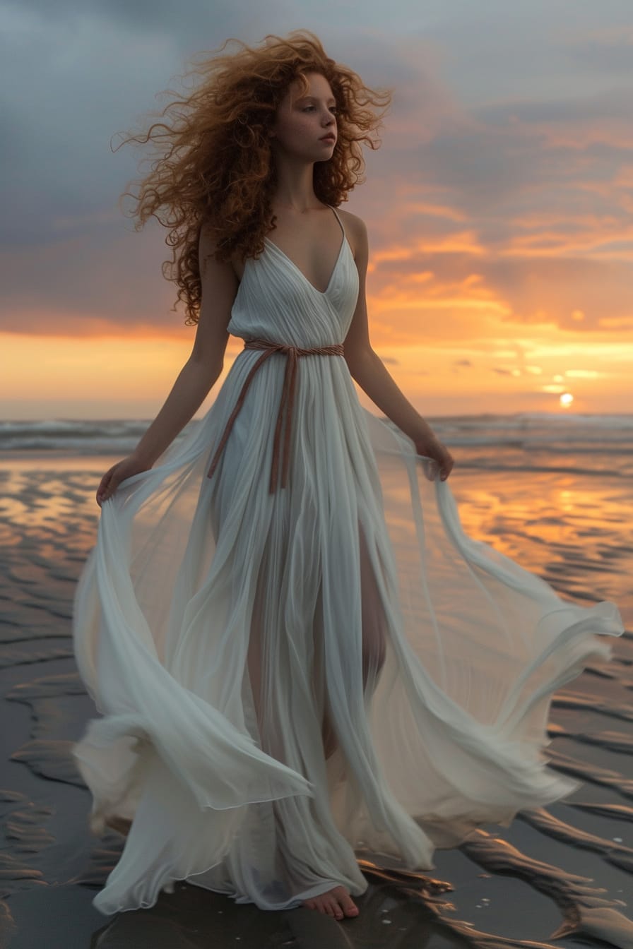 A full-length image of a young woman with curly red hair, wearing a long, flowing white chiffon dress, cinched at the waist with a thin, braided leather belt, standing on a beach at sunset.