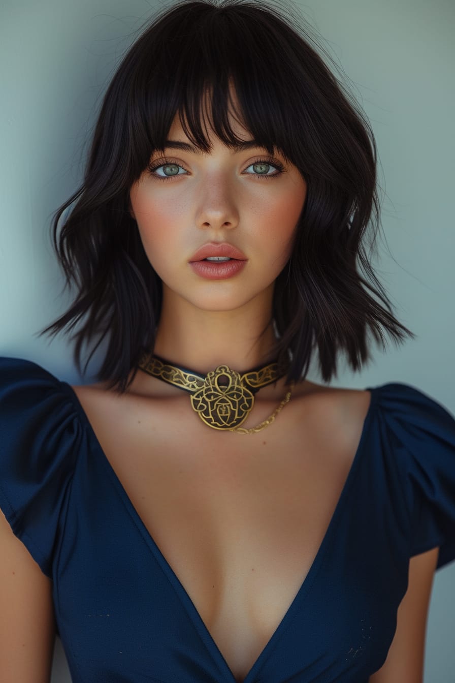 A close-up image of a young woman with sleek black hair, showcasing a metallic gold belt with an intricate buckle, paired with a simple, elegant navy blue dress, soft indoor lighting.