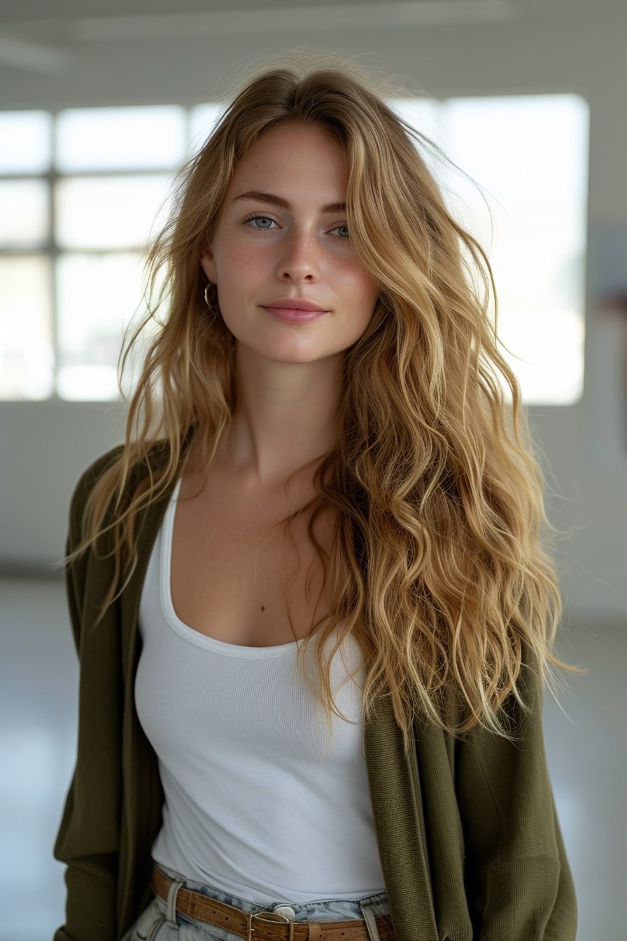  A young woman with long, wavy blonde hair, wearing a thin, olive green cardigan over a simple white tank top, accessorized with a thin gold belt at the waist, standing in an art gallery, natural light filtering through large windows.