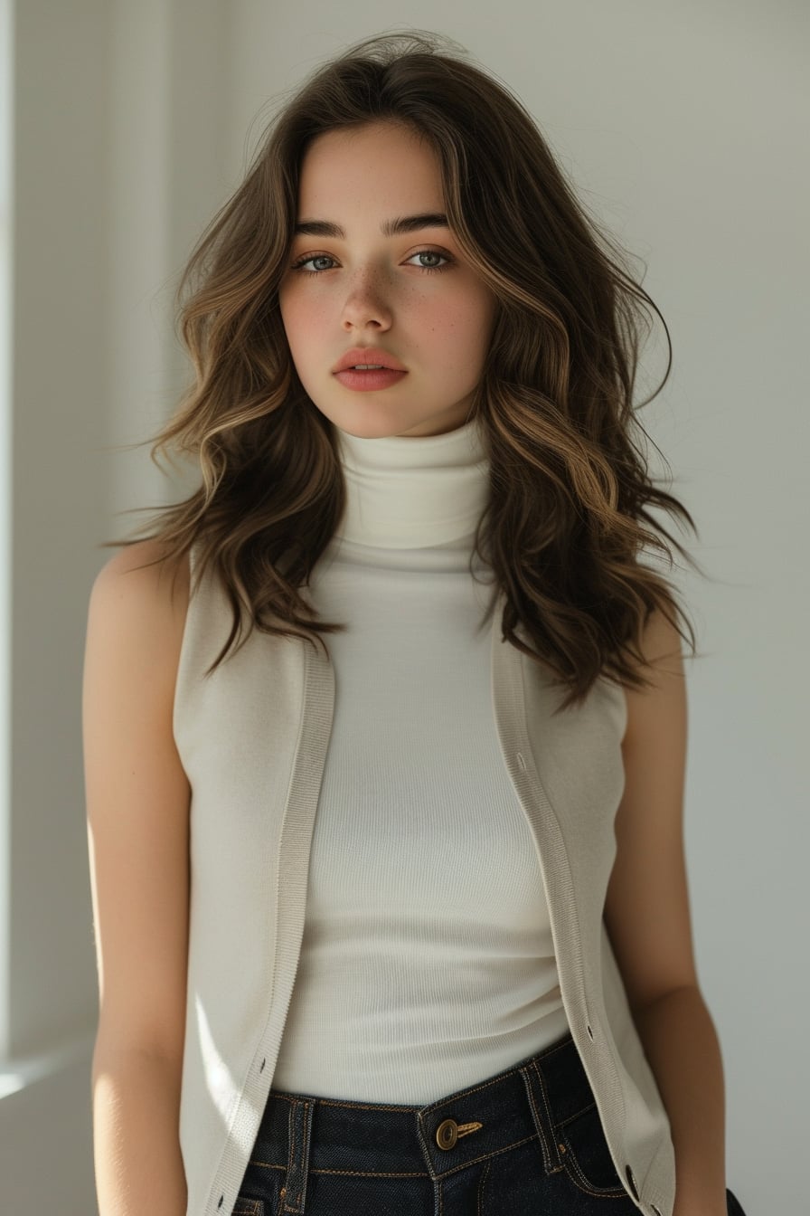  A young woman with wavy brunette hair, wearing a slim-fitting white turtleneck, a light grey sleeveless vest, and slim dark jeans, standing in a bright, minimalist room, morning light.