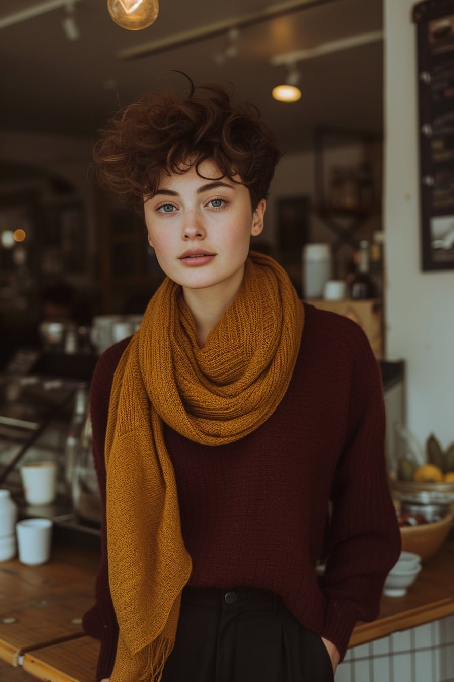 A young woman with short, curly hair, wearing a fine-knit maroon sweater, a long, flowing mustard scarf, and fitted black trousers, standing in a cozy café, soft lighting.