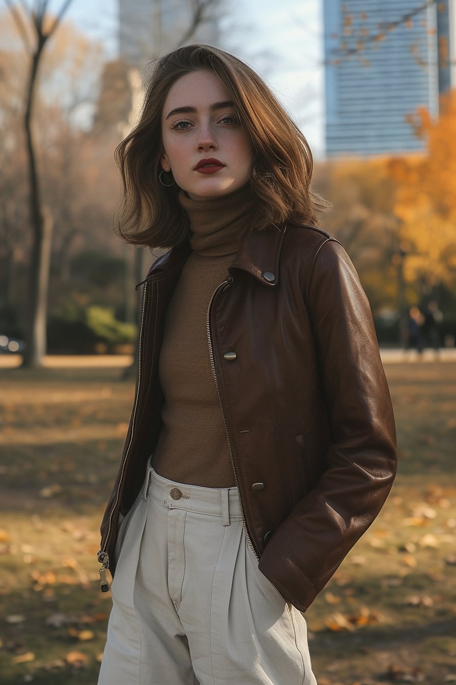 A young woman with medium-length auburn hair, wearing a camel-colored turtleneck, a dark brown leather jacket, and cream-colored wide-leg trousers, standing in an urban park, early evening light.