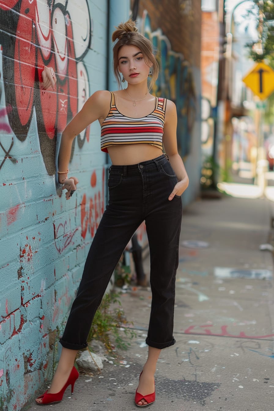 A full-length image of a young woman with light brown hair in a loose bun, wearing black puddle pants, a striped crop top, and red ballet flats, leaning against a graffiti-covered wall in an urban alley, late afternoon.
