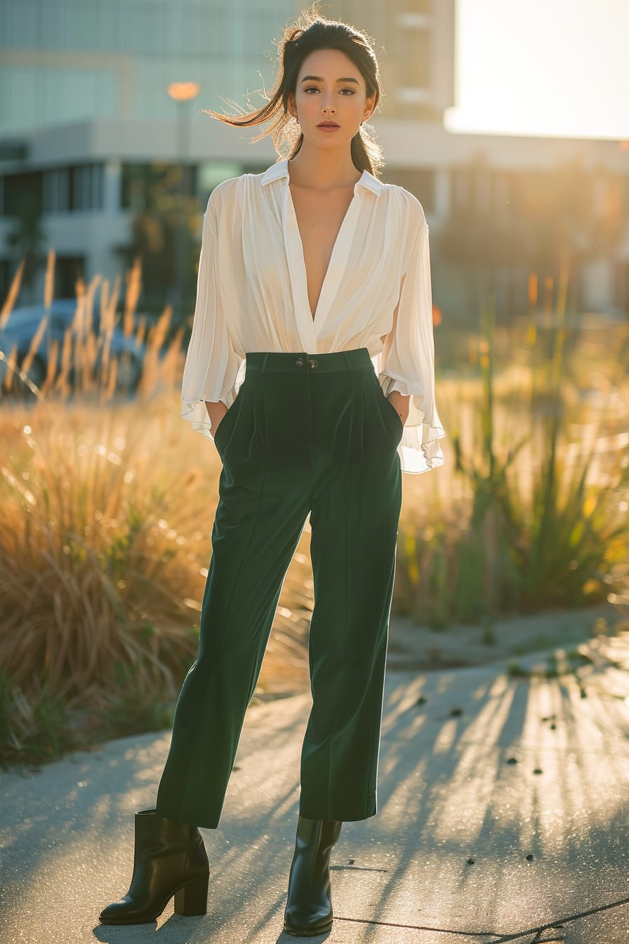 A full-length image of a young woman with sleek black hair, wearing puddle pants in a vibrant emerald green, paired with a slim-fit white blouse and black ankle boots, standing in a modern urban park, golden hour sunlight.