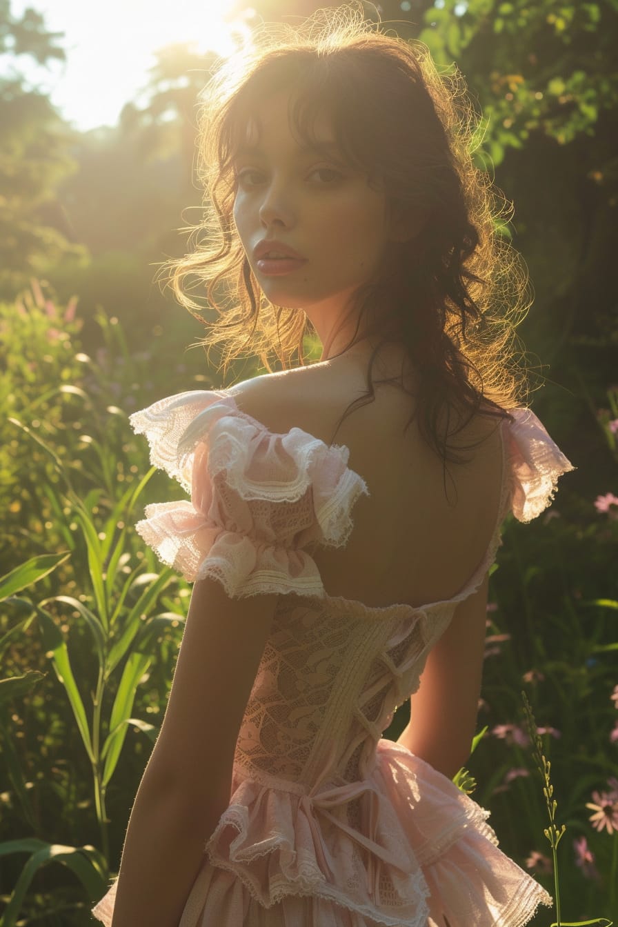  A full-length image of a young woman with soft curls, wearing a pastel pink ruffle dress, standing in a sunlit garden, morning.