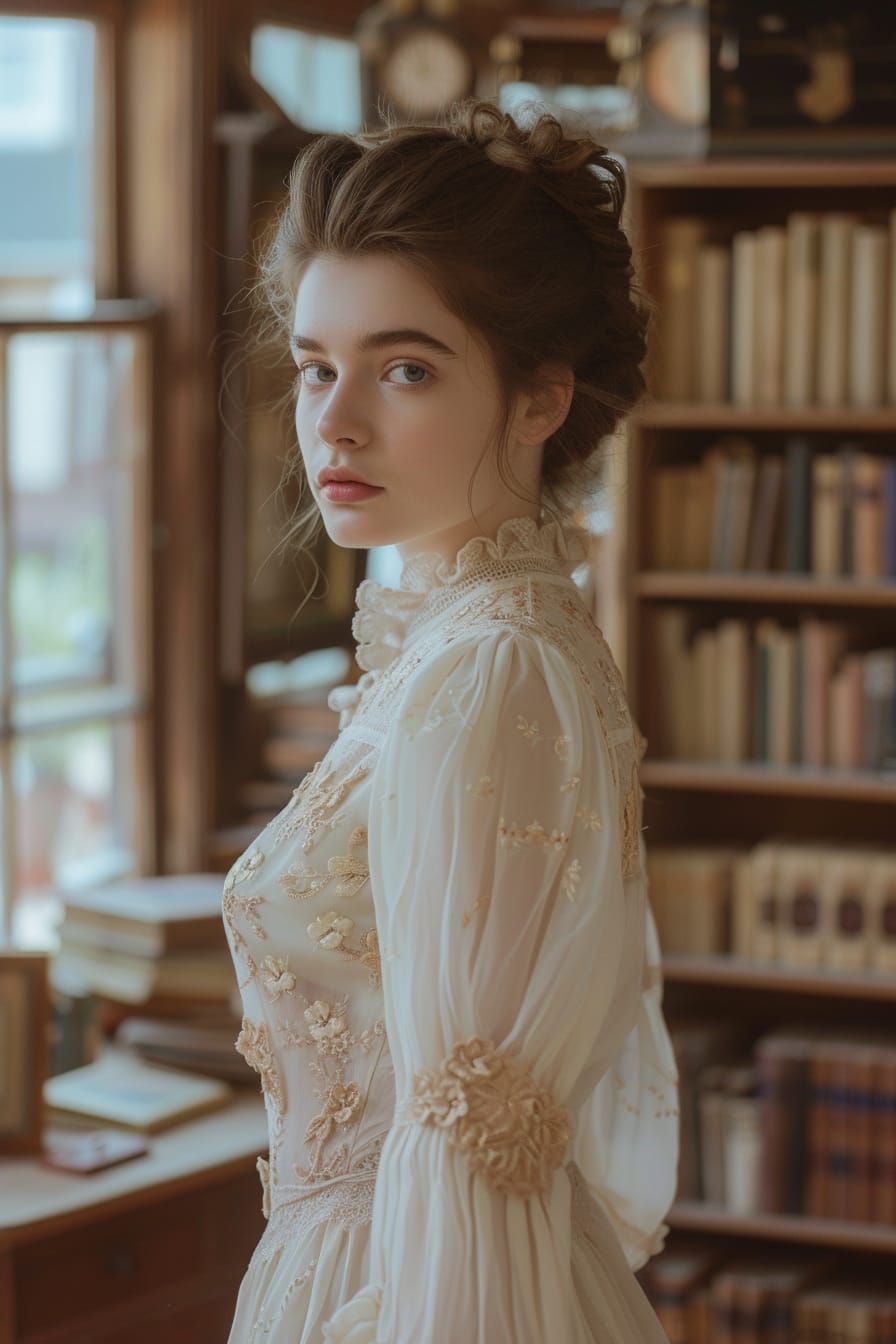  A full-length image of a young woman with a chic updo, wearing a cream-colored dress with delicate floral embroidery, standing in a quaint bookshop, soft afternoon light filtering through the windows.