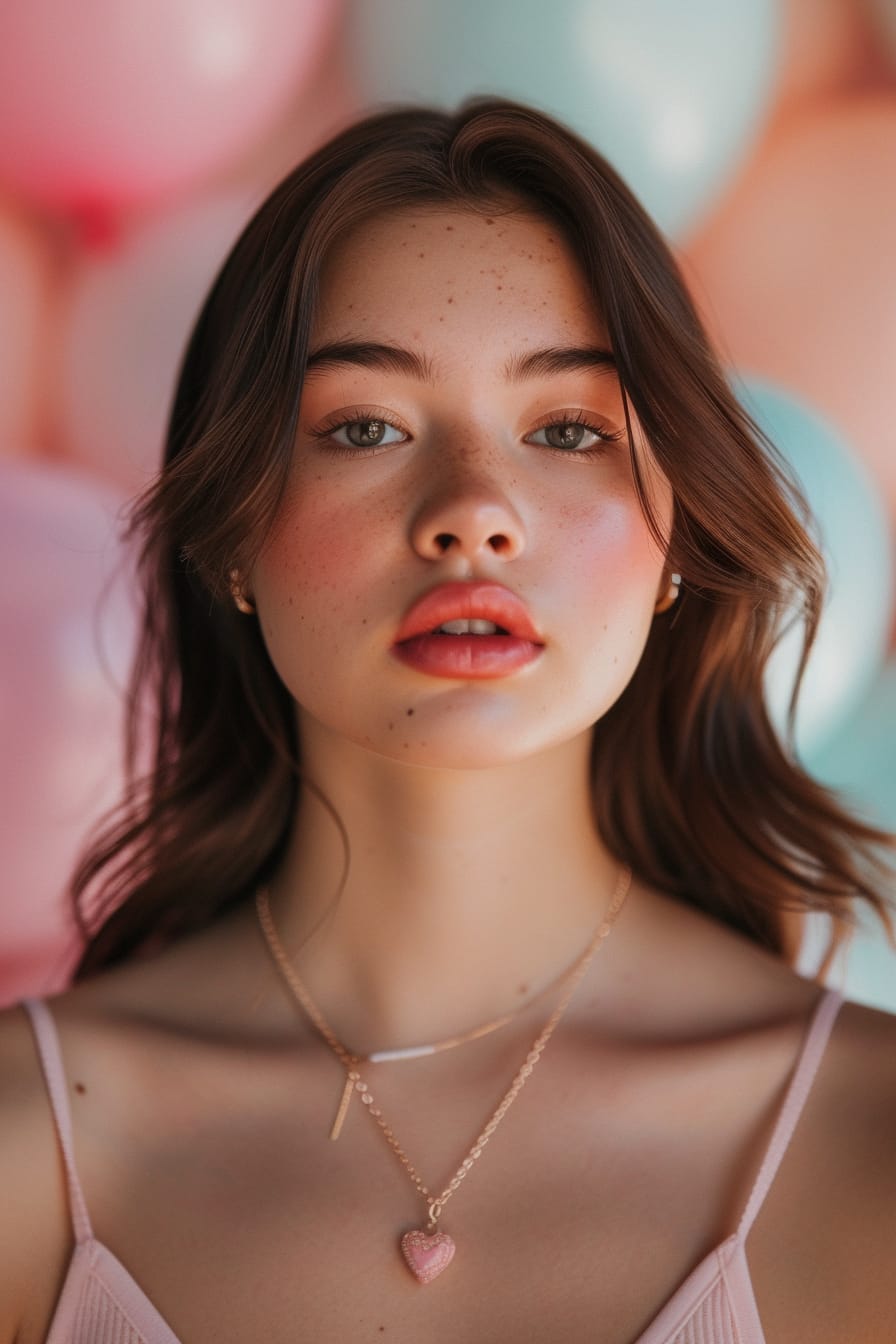 A close-up image of a young woman wearing a delicate gold chain necklace with a heart pendant, soft makeup with pink lipstick, against a backdrop of pastel balloons, evening.