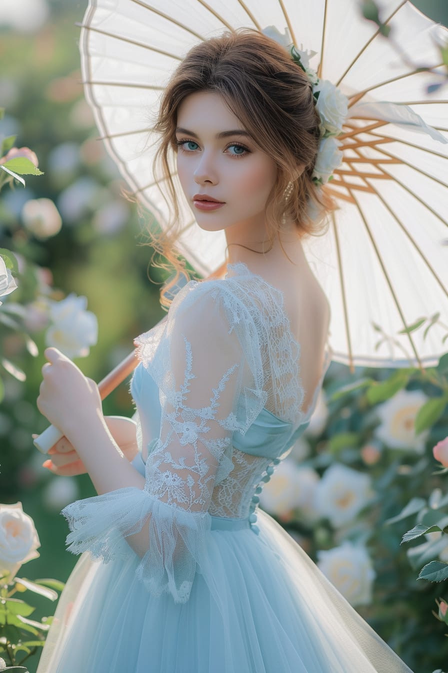 A full-length image of a young woman with wavy hair, wearing a sky blue tulle skirt and a white lace top, holding a vintage parasol, in a blooming rose garden, afternoon.