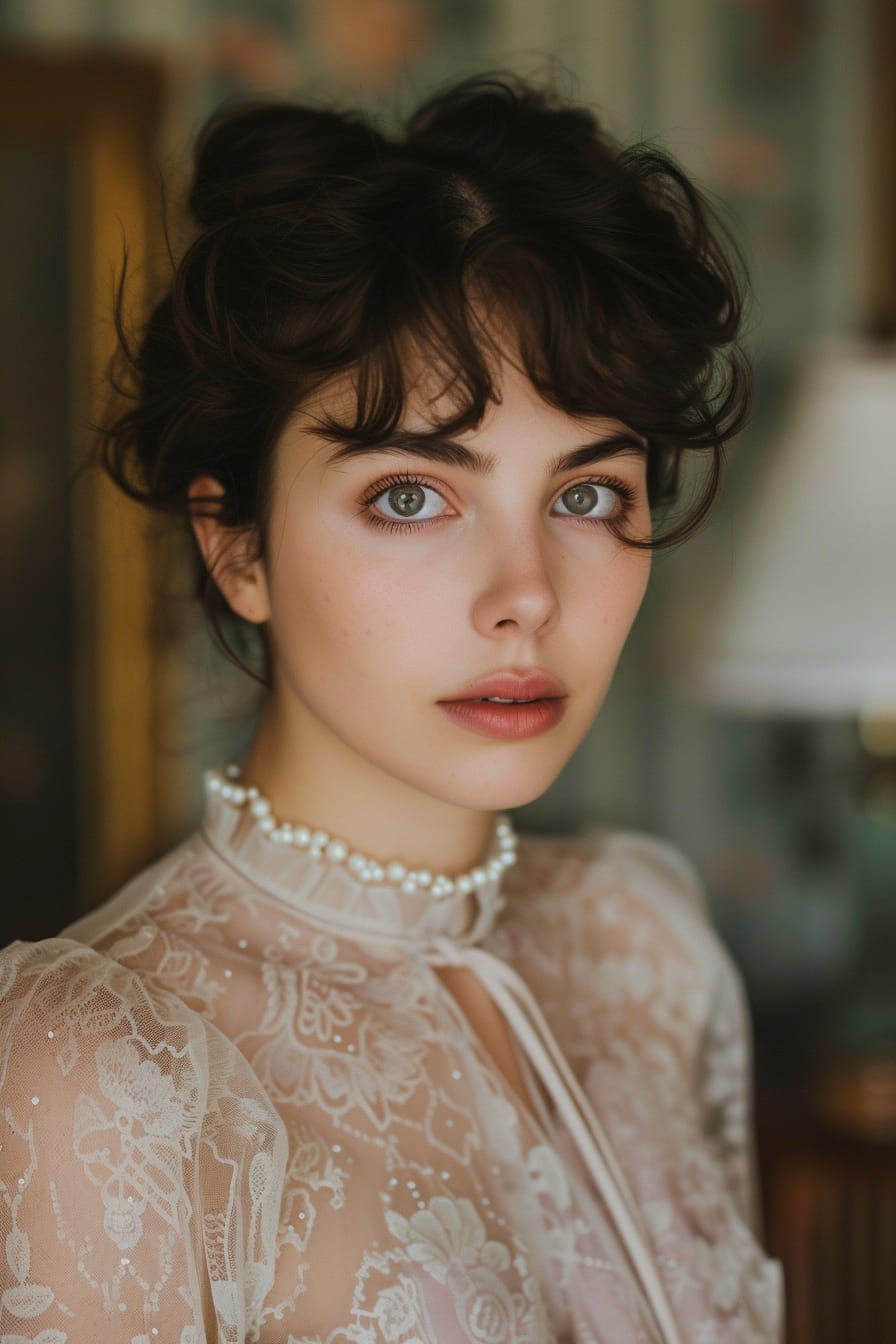  A close-up image of a young woman with a half-up hairstyle adorned with pearl clips, wearing a sheer blouse with puff sleeves, in a softly lit, vintage-inspired room.