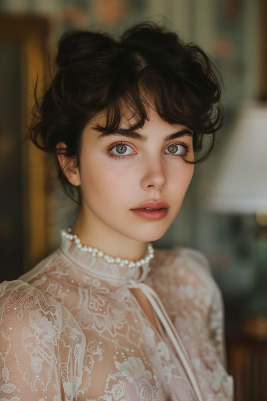 A close-up image of a young woman with a half-up hairstyle adorned with pearl clips, wearing a sheer blouse with puff sleeves, in a softly lit, vintage-inspired room.