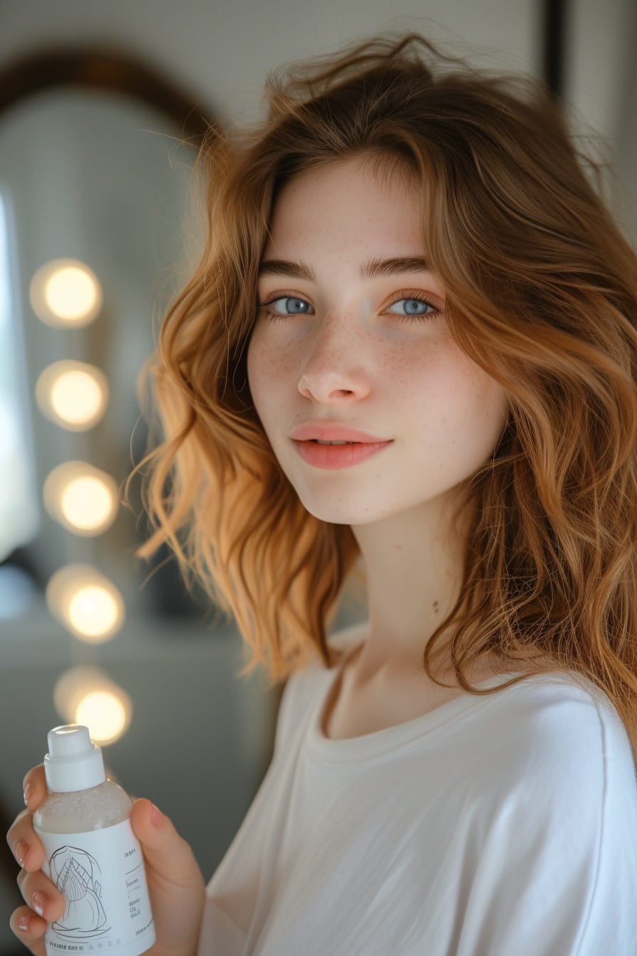 A close-up image of a young woman with fine, light brown hair, holding a sea salt spray bottle, blurred background of a bathroom mirror, morning light.