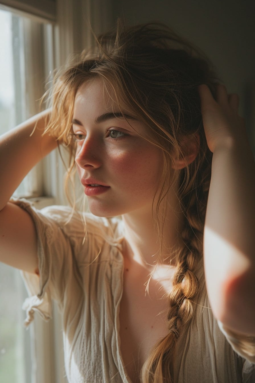 A young woman with damp, medium-length hair, braiding it into multiple small braids, natural daylight coming through a window.