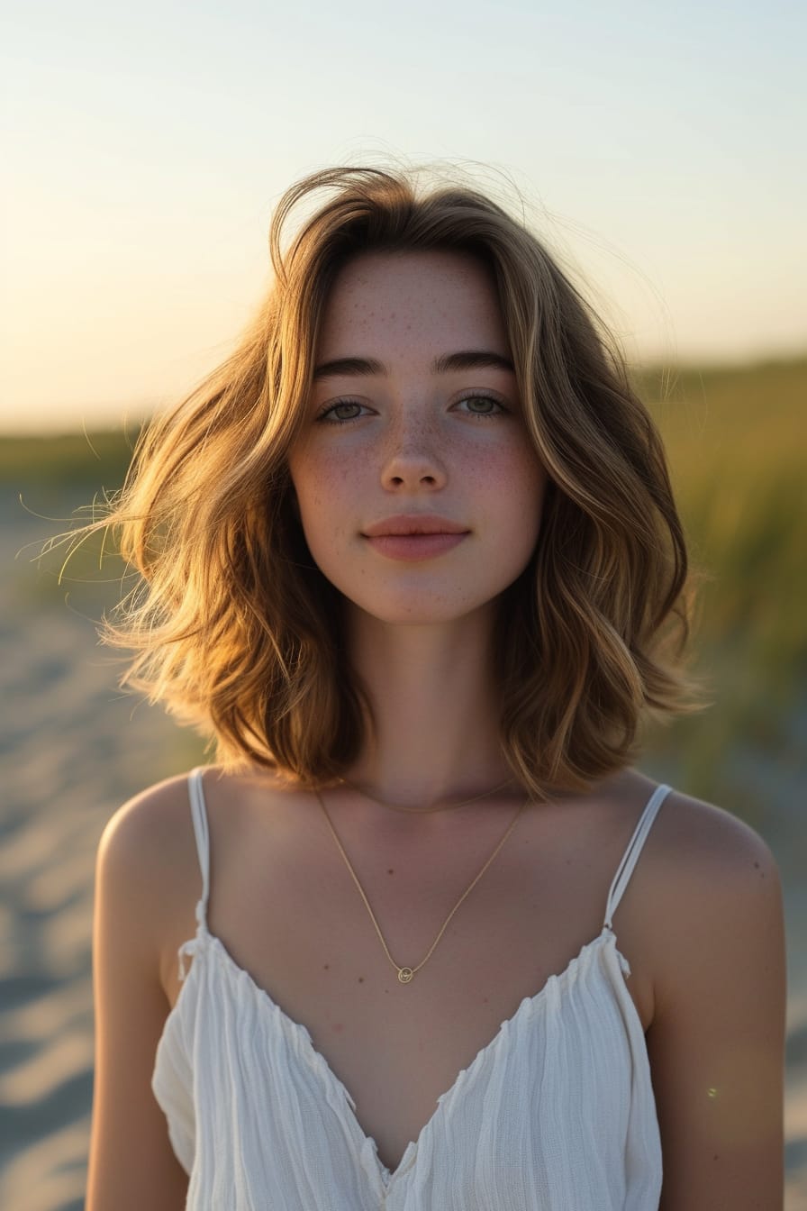  A young woman with sun-kissed skin and shoulder-length, wavy hair, wearing a white linen top, standing on a sandy beach, sunset.